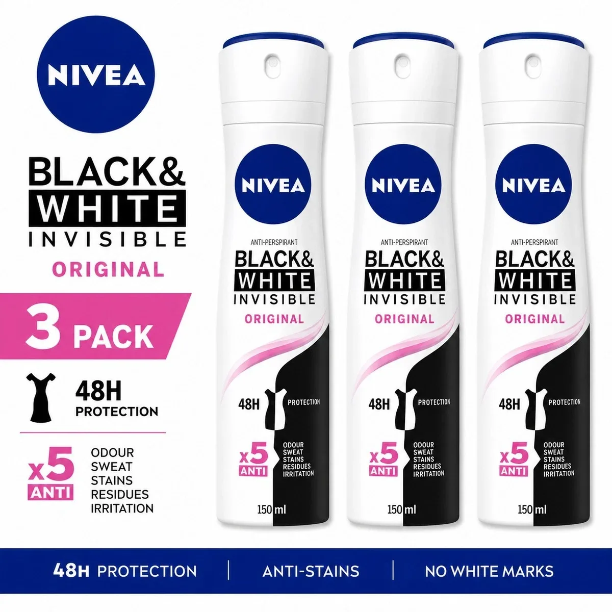 NIVEA DESODORANTE SPRAY PACK DE 3UNID BLACK AND WHITE 150ML